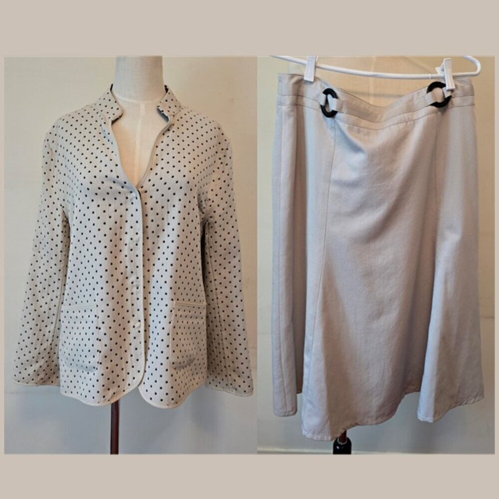 Lana Lee - Vintage Two-Piece Jacket & Skirt Set in Cream Tone, Black Polka Dots﻿